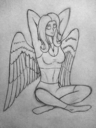 Size: 780x1040 | Tagged: safe, artist:steelarrowheadd, derpibooru import, fluttershy, human, belly button, clothes, cute, eyes closed, female, humanized, lineart, relaxing, simple background, sitting, smiling, solo, traditional art, winged humanization, wings