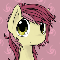 Size: 800x800 | Tagged: safe, artist:eshredder, roseluck, pony, bust, cute, cuteluck, eye clipping through hair, female, looking at you, mare, portrait, red background, simple background, solo