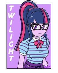 Size: 1080x1350 | Tagged: safe, artist:ichi_chan.comic, sci-twi, twilight sparkle, better together, equestria girls, blushing, bow, clothes, female, geode of telekinesis, glasses, magical geodes, ponytail, purple background, purple eyes, purple skin, simple background, skirt, solo, watermark