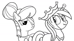 Size: 1280x720 | Tagged: safe, artist:knightoftheraven, cloud kicker, minuette, pegasus, pony, unicorn, background pony, bandage, clothes, cork, crown, dress, duo, duo focus, eye bandage, eye scream, female, glare, horn, horn guard, implied eye poke, jewelry, mare, monochrome, pegasus tribe, regalia, scrunchy face, simple background, textless, trace, unhappy, unicorn tribe, white background