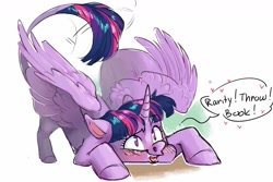 Size: 1280x854 | Tagged: safe, artist:maxiima, twilight sparkle, twilight sparkle (alicorn), alicorn, pony, werewolf, behaving like a dog, blushing, book, bookhorse, crouching, dialogue, fangs, female, heart, leonine tail, lesbian, majestic as fuck, offscreen character, rarilight, shipping, silly, silly pony, simple background, solo, story included, tail wag, that pony sure does love books, white background