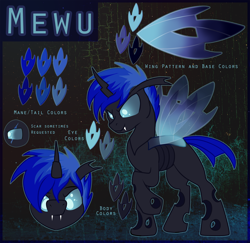 Size: 2000x1947 | Tagged: safe, artist:amura-of-jupiter, oc, oc only, oc:mewu, changeling, blue changeling, changeling oc, commission, fangs, guide, horn, male, male changeling, raised hoof, reference sheet, solo, wings