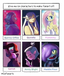 Size: 900x1076 | Tagged: safe, artist:raikoh, derpibooru import, fluttershy, frog, pegasus, pony, amity blight, amphibia, barriss offee, garnet (steven universe), maddie flour, mirialan, quinella, six fanarts, star wars, star wars: the clone wars, steven universe, sword art online, the owl house