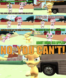 Size: 750x882 | Tagged: safe, artist:undeadponysoldier, derpibooru import, applejack, pinkie pie, spike, dragon, earth pony, pony, series:spikebob scalepants, 3d, angry, bus, comic, female, gmod, insult, mare, offended, parody, reference, scared, shrunken pupils, spongebob squarepants, sugarcube corner, sweet apple acres, texas (spongebob episode)