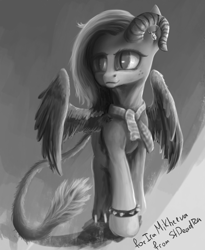 Size: 2520x3072 | Tagged: safe, artist:stdeadra, oc, alicorn, hybrid, pony, claws, gray background, grayscale, horn, leonine tail, monochrome, paws, simple background, slit eyes, solo, spiked wristband, tail, wings, wristband