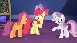 Size: 1280x720 | Tagged: safe, screencap, apple bloom, scootaloo, sweetie belle, growing up is hard to do, chalkboard, female, flower, older, older apple bloom, older scootaloo, older sweetie belle, twilight's castle, wishing flower