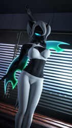 Size: 2160x3840 | Tagged: safe, artist:jacob_lhh3, derpibooru import, oc, oc:dragonfly, anthro, changeling, 3d, changeling oc, clothes, female, glowing eyes, glowing wings, indoors, nexgen, pants, ponytail, solo, source filmmaker, stretching, tattoo, window, wings, yawn, yoga pants