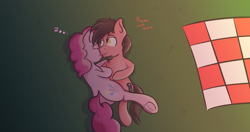 Size: 1920x1016 | Tagged: safe, artist:pencilpush, derpibooru import, pinkie pie, oc, oc:ace play, earth pony, pony, canon x oc, cute, night, picnic, picnic blanket, sleeping