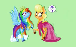 Size: 1504x940 | Tagged: safe, artist:katkatdesign, derpibooru import, rainbow dash, rarity, earth pony, pegasus, pony, unicorn, applejack also dresses in style, blushing, clothes, dress, eyelashes, female, forced feminization, green background, makeup, mare, rainbow dash always dresses in style, simple background, smiling, tomboy taming, unamused