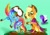 Size: 1120x790 | Tagged: safe, artist:katkatdesign, derpibooru import, applejack, rainbow dash, rarity, twilight sparkle, earth pony, pegasus, pony, unicorn, eyelashes, female, green background, grin, hat, makeup, mare, mud, ponies riding ponies, rearing, riding, simple background, smiling