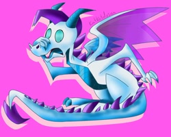 Size: 1250x1000 | Tagged: safe, artist:katkatdesign, derpibooru import, elusive, rarity, dragon, pony, dragonified, implied transformation, male, pink background, raridragon, rule 63, signature, simple background, solo, species swap, wings