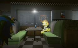 Size: 1680x1050 | Tagged: safe, artist:modocrisma, oc, oc only, oc:bitwise, oc:lightningbeat, pegasus, pony, unicorn, 3d, car, chair, chromatic aberration, clothes, diner, drink, female, food, gmod, hoodie, lens flare, lonely, male, mare, neon, plant, plate, restaurant, sad, scarf, sitting, soda, soda can, stallion, sushi, table, truck, vehicle, video game, walking, window