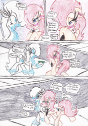 Size: 1536x2184 | Tagged: safe, oc, oc:politica segreta, oc:snowbelle, earth pony, pegasus, pony, comic:politica's rebound, bedroom eyes, blushing, blushing profusely, collar, colored pencil drawing, colored pencils, covering face, dialogue, female, glasses, mare, necktie, outdoors, road, shocked, sidewalk, sitting, speech bubble, talking, thought bubble, traditional art, walking