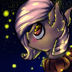 Size: 512x512 | Tagged: safe, artist:kiwwsplash, derpibooru import, oc, oc only, earth pony, firefly (insect), insect, pony, blushing, bust, ear fluff, earth pony oc, night, open mouth, outdoors, signature, solo, stars