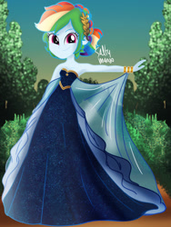 Size: 960x1280 | Tagged: safe, artist:saltymango, derpibooru import, rainbow dash, equestria girls, alternate clothes, alternate hairstyle, bracelet, clothes, cute, dashabetes, dress, female, hair bun, jewelry, looking at you, rainbow dash always dresses in style, smiling, solo, sunset