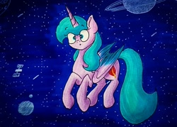 Size: 1080x774 | Tagged: safe, artist:galaxy.in.mind, derpibooru import, oc, oc only, alicorn, pony, alicorn oc, female, flying, horn, jupiter, mare, solo, space, stars, wings
