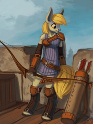 Size: 900x1200 | Tagged: safe, artist:lexx2dot0, derpibooru import, part of a set, derpy hooves, anthro, unguligrade anthro, archer, arrow, bow (weapon), bow and arrow, fantasy class, gauntlet, greaves, leather, quiver, solo, tower, weapon