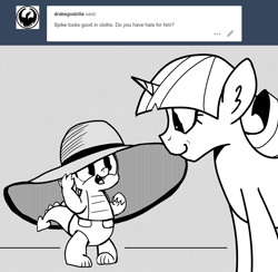 Size: 1050x1024 | Tagged: safe, artist:mamatwilightsparkle, spike, twilight velvet, dragon, unicorn, baby, baby spike, clothes, comic, diaper, hat, mama twilight, mama twilight sparkle, monochrome, tumblr, younger