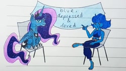 Size: 1037x584 | Tagged: safe, artist:galaxy.in.mind, derpibooru import, princess luna, alicorn, pony, banner, chair, crossover, female, hoof shoes, jewelry, lapis lazuli (steven universe), lined paper, mare, peytral, sitting, solo, steven universe, tiara, traditional art