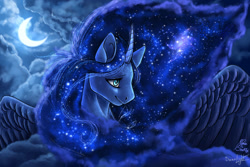 Size: 1500x1000 | Tagged: safe, artist:deerlight, artist:demonfromsnuffbox, derpibooru import, princess luna, alicorn, pony, bust, cloud, crescent moon, ethereal mane, female, mare, moon, night, portrait, sky, solo, spread wings, starry mane, wings