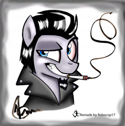 Size: 1024x1030 | Tagged: safe, artist:robocop17, artist:sketchywolf-13, color edit, edit, oc, oc only, oc:sketchy, earth pony, pony, cigarette, clothes, colored, digital art, male, smiling, smoking, solo, stallion