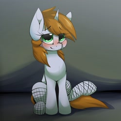 Size: 2531x2537 | Tagged: safe, artist:lux-arume, derpibooru import, oc, oc only, oc:littlepip, pony, unicorn, fallout equestria, adorasexy, blushing, cute, eye clipping through hair, female, fishnet stockings, hair over one eye, high res, looking at you, mare, sexy, sitting, solo