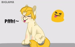 Size: 2560x1620 | Tagged: dead source, safe, artist:biglama, earth pony, pony, :p, emoji, eyes closed, female, mare, simple background, sitting, smiling, solo, spots, tail, text, tongue out, unshorn fetlocks, yellow mane