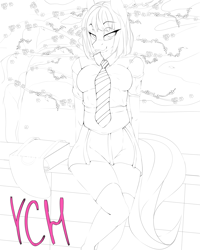 Size: 2800x3500 | Tagged: safe, artist:chapaevv, anthro, advertisement, cherry blossoms, clothes, commission, flower, flower blossom, highschool, japanese, necktie, outdoors, sitting, solo, your character here