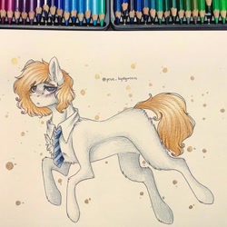 Size: 1080x1080 | Tagged: safe, artist:hardtimebreathing, oc, oc only, oc:connie, earth pony, blushing, necktie, pencil, photo, solo, traditional art