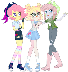 Size: 9401x10000 | Tagged: safe, artist:magicdarkart, oc, oc only, oc:breezy kiwi, oc:shiny apple (ice1517), oc:soda frosting, equestria girls, absurd resolution, bandaid, bandana, blushing, boots, bowtie, clothes, commission, converse, cowboy boots, cowboy hat, ear piercing, earring, equestria girls-ified, female, fingerless gloves, flannel, freckles, gloves, hat, jeans, jewelry, open mouth, pants, piercing, rainbow socks, shirt, shoes, shorts, simple background, skirt, socks, striped socks, torn clothes, transparent background
