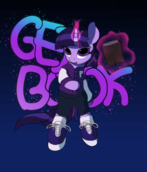 Size: 2296x2685 | Tagged: safe, artist:vultraz, twilight sparkle, pony, semi-anthro, unicorn, bipedal, book, clothes, female, graffiti, magic, magical telekinesis, mc hammer, purple fur, shoes, shorts, sneakers, solo, standing, text, tomboy, varsity jacket