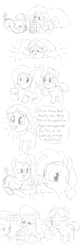 Size: 992x3035 | Tagged: safe, artist:heretichesh, derpibooru import, oc, oc only, oc:dusty hoof, oc:peachy keen, oc:red pill, awkward, blushing, bush, comic, dialogue, drinking, simple background, sketch, straw, text, white background