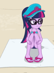 Size: 713x971 | Tagged: safe, screencap, sci-twi, twilight sparkle, equestria girls, equestria girls series, forgotten friendship, adorasexy, animated, beach, beach towel, clothes, cropped, cute, feet, flip-flops, gif, glasses, hat, legs, ponytail, sandals, sexy, solo, swimsuit