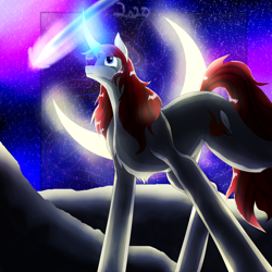 Size: 5800x5800 | Tagged: safe, artist:florarena-kitasatina/dragonborne fox, oc, oc only, oc:crimson flame, absurd resolution, cel shading, from below, looking up, moon, night, shading, shooting star, signature, watermark