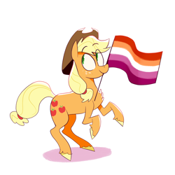 Size: 1064x1065 | Tagged: safe, artist:cassettepunk, earth pony, pony, applejack's hat, cowboy hat, hat, lesbian pride flag, lesbian visibility day, pride, pride flag, rearing, shadow, simple background, solo, white background