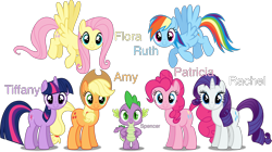 Size: 2000x1118 | Tagged: safe, artist:zerrafina, derpibooru import, applejack, fluttershy, pinkie pie, rainbow dash, rarity, spike, twilight sparkle, dragon, earth pony, pegasus, pony, unicorn, alternate name, human name, mane seven, mane six, simple background, transparent background