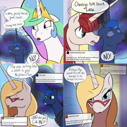 Size: 2562x2562 | Tagged: safe, artist:professor-ponyarity, derpibooru import, princess celestia, princess luna, oc, oc:bonniecorn, oc:fausticorn, alicorn, pony, tumblr:ask rye dimar dragon