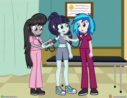 Size: 4000x3090 | Tagged: safe, artist:dieart77, derpibooru import, coloratura, dj pon-3, octavia melody, vinyl scratch, equestria girls, absurd resolution, belly button, blood pressure, blood pressure cuff, checkup, clothes, commission, doctor's office, hospital, midriff, nurse, open mouth, pants, rara, scrubs, shoes, stethoscope