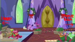 Size: 1285x725 | Tagged: safe, edit, edited screencap, screencap, twilight sparkle, twilight sparkle (alicorn), alicorn, pony, best gift ever, book, box, candy, candy cane, christmas wreath, food, main hall, ornament, solo, twilight's castle, wreath