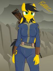 Size: 1536x2048 | Tagged: safe, artist:thunder burst, oc, oc:thundara burst, anthro, pegasus, fallout equestria, clothes, gun, solo, vault suit, weapon