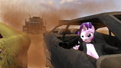 Size: 1280x720 | Tagged: safe, artist:robertwtf, derpibooru import, starlight glimmer, unicorn, 3d, angry, car, gun, mad max, shotgun, solo, source filmmaker, truck, weapon