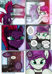 Size: 2480x3508 | Tagged: safe, artist:dsana, fizzlepop berrytwist, tempest shadow, oc, oc:thistledown, earth pony, pony, unicorn, comic:a storm's lullaby, comic, female, friendzone, mare, onsen, shipping denied