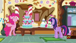 Size: 1280x720 | Tagged: safe, derpibooru import, screencap, pinkie pie, twilight sparkle, twilight sparkle (alicorn), alicorn, earth pony, frog, pony, spoiler:cakes for the memories, spoiler:mlp friendship is forever, 9go, australia, bipedal, cake, cakes for the memories, food, happy, smiling, table