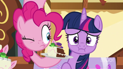 Size: 1280x720 | Tagged: safe, derpibooru import, screencap, pinkie pie, twilight sparkle, twilight sparkle (alicorn), alicorn, earth pony, pony, spoiler:cakes for the memories, spoiler:mlp friendship is forever, 9go, cake, cakes for the memories, food, looking at someone, one eye closed, pinkie being pinkie, pinkie physics, plate, pouty lips, sugarcube corner, worried