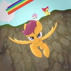 Size: 2160x2160 | Tagged: artist needed, source needed, safe, apple bloom, scootaloo, sweetie belle, earth pony, pegasus, pony, unicorn, cliff, cloud, flying, rainbow trail, scootaloo can fly