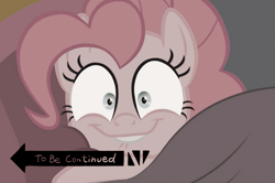 Size: 757x502 | Tagged: safe, derpibooru import, edit, edited screencap, screencap, pinkie pie, earth pony, pony, spoiler:cakes for the memories, spoiler:mlp friendship is forever, bed, cakes for the memories, i came, lip bite, looking at you, sepia, to be continued, to be continued (meme)