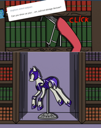 Size: 1200x1516 | Tagged: safe, artist:lucandreus, oc, oc:pun, pony, armor, ask, ask pun, book, bookshelf, hooves, mannequin, night guard armor, solo