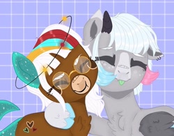 Size: 781x609 | Tagged: safe, alternate version, artist:dxggy_tearz, oc, oc only, earth pony, pegasus, pony, :p, base used, chest fluff, cloven hooves, ear piercing, earring, earth pony oc, eyes closed, freckles, glasses, hear, jewelry, pegasus oc, piercing, side hug, solo, tongue out, wings