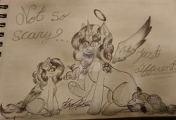 Size: 1920x1310 | Tagged: safe, artist:monse2001, oc, oc:apple blossom, oc:sugar cookie, ghost, pegasus, pony, undead, unicorn, angel's wings, blank flank, description is relevant, deviantart watermark, duo, female, filly, freckles, half-siblings, half-sisters, halo, mare, monochrome, neo noir, obtrusive watermark, offspring, parent:big macintosh, parent:fluttershy, parent:sugar belle, parents:fluttermac, parents:sugarmac, partial color, pencil drawing, siblings, sisters, traditional art, watermark, wings