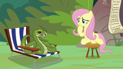 Size: 1920x1080 | Tagged: safe, derpibooru import, screencap, antoine, fluttershy, pegasus, pony, python, snake, she talks to angel, animal, chair, duo, female, lawn chair, mare, sitting, stool